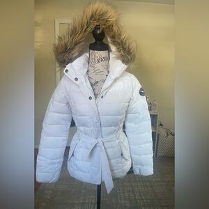 Y2K Abercrombie & Fitch Women's White Puffer Jacket with Fur Hood